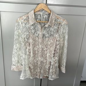 Alberto Makali Lace Cream Blouse w/ Under Top Button Down Classy Elegant Medium